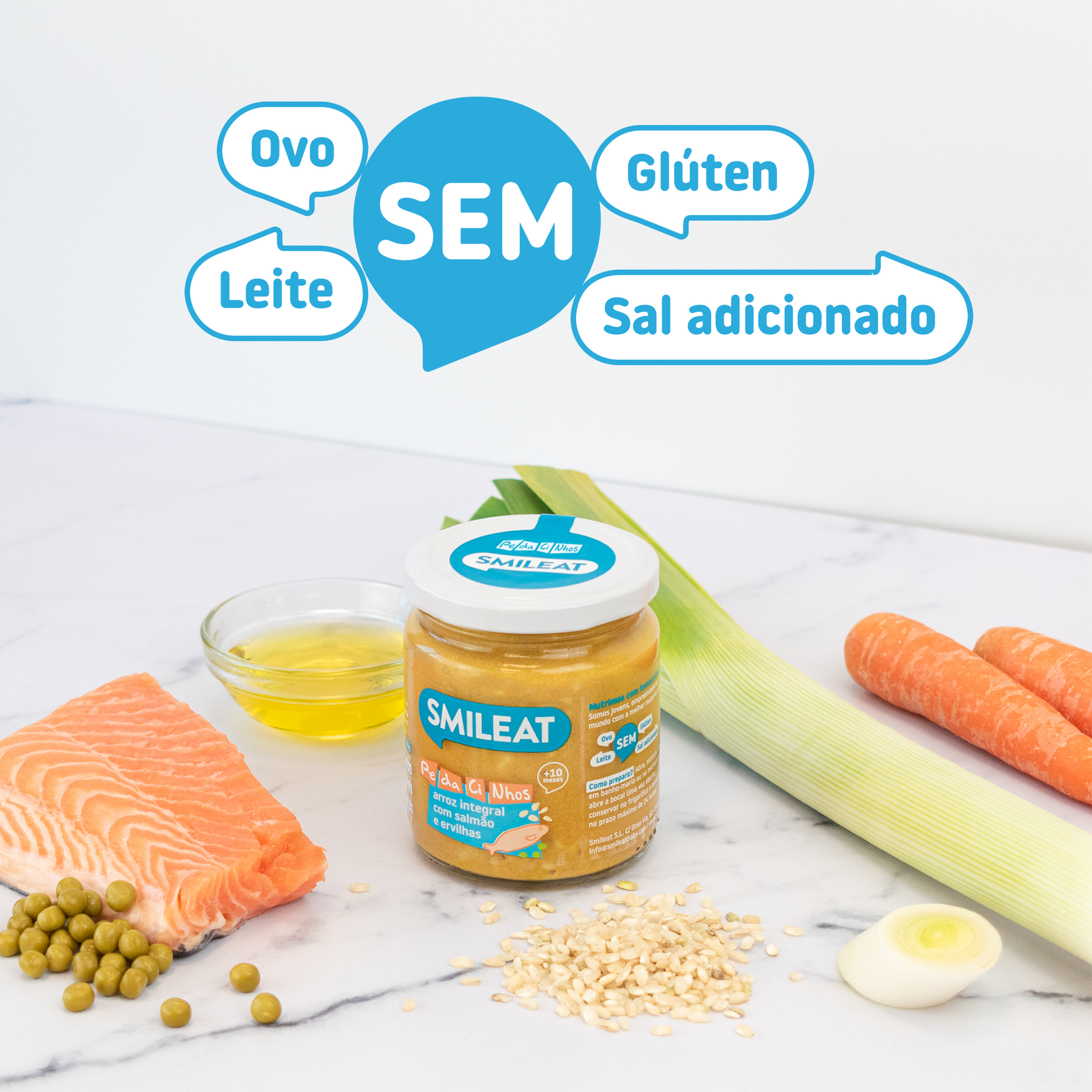 Boiões de PE-DA-CI-NHOS arroz integral com salmão e ervilhas